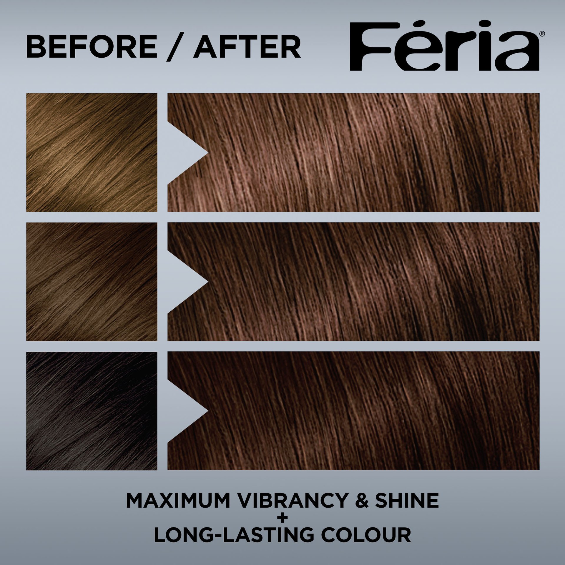 Hair before and after using Feria 45 Deep Bronzed Brown